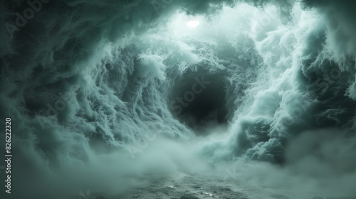 The ocean is rough and stormy  with waves crashing against the shore. The sky is dark and cloudy  adding to the ominous atmosphere. The water is choppy and turbulent  with spray