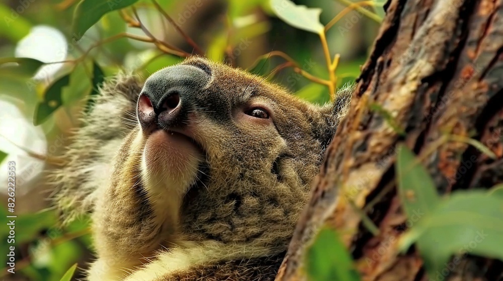 A close-up photo of a koala perched on a tree limb, gazing upward with its mouth wide open A close-up photo of a koala perched on a tree limb, gazing upward with its mouth wide open