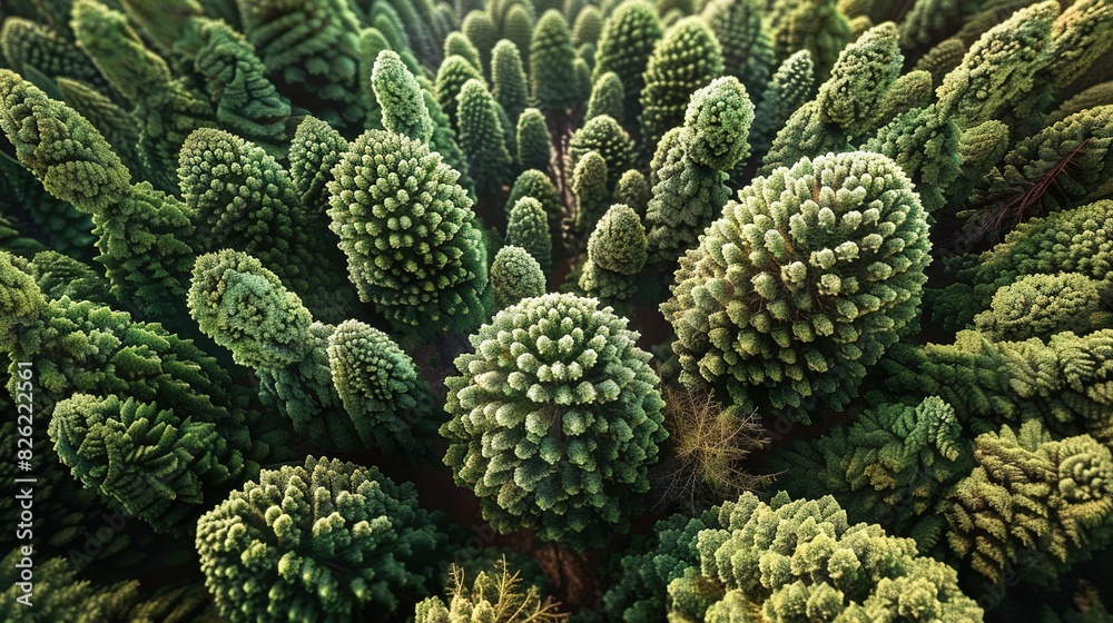   An aerial view of numerous green trees, focusing on their tops, surrounded by lush foliage