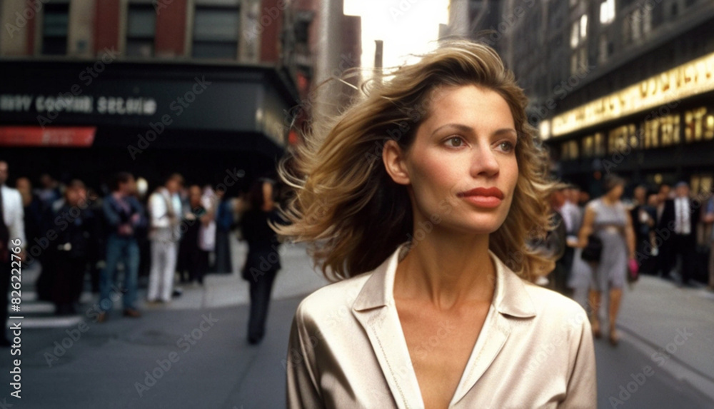 Portrait of the beautiful young woman on the street, early 2000s era fashion style, clean lines, neutral colors, and simple silhouettes. Portrait of the beautiful young woman on the street, early 2000s era fashion style, clean lines, neutral colors, and simple silhouettes.