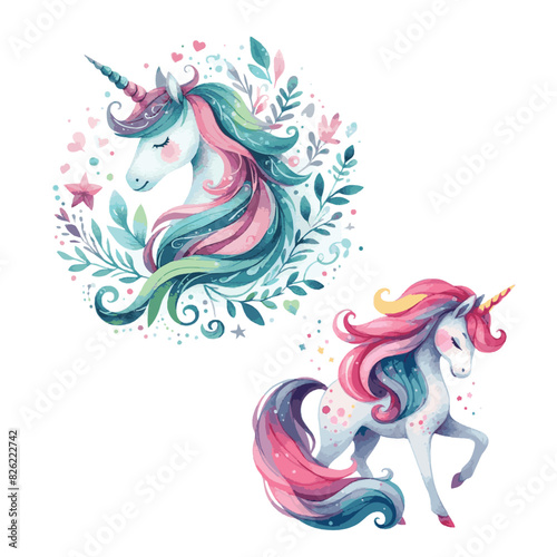  2 Mystical Whimsy  Watercolor Unicorn Logo  illustration isolated on white background 