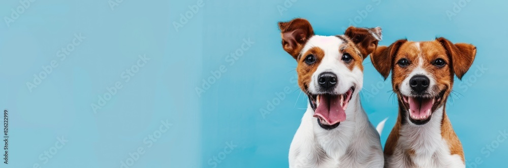 Banner smiling dogs with happy expression Isolated on blue colored background.