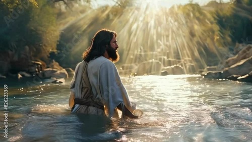 Jesus Christ baptism in jordan river in holy light rays - 4k new stock video animation footage AI photo