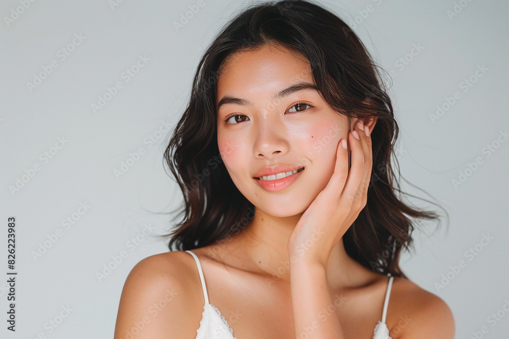 A woman with long hair and a white tank top is smiling and touching her face A woman with long hair and a white tank top is smiling and touching her face