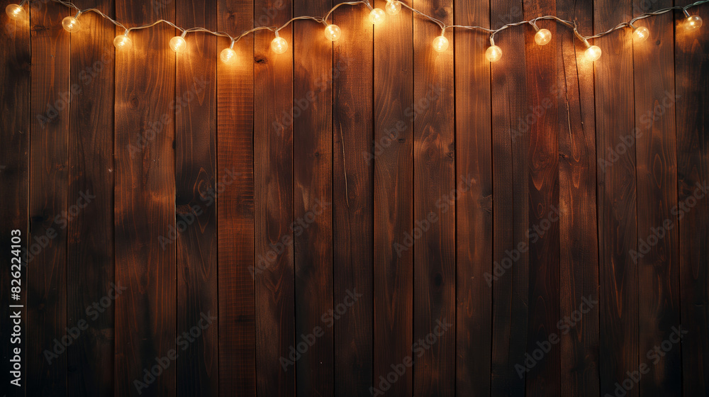 Rustic charm exudes from the wooden textured background illuminated by a warm string of lights
