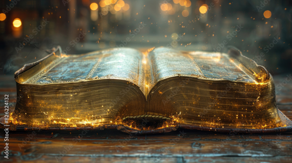Obraz premium Bible banner featuring an ancient book, glowing with divine light, symbolizing eternal guidance and faith.