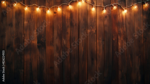 Obraz na płótnie Rustic charm exudes from the wooden textured background illuminated by a warm string of lights w salonie