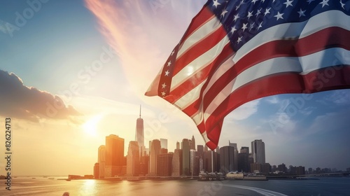 US national flag and New York City skyline at sunset.