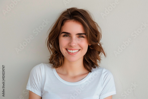 A woman with short brown hair and a white shirt is smiling