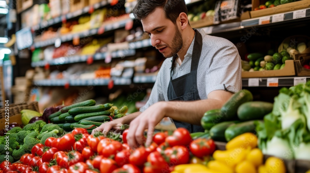 Employee worker working on foot stand in a grocery store.