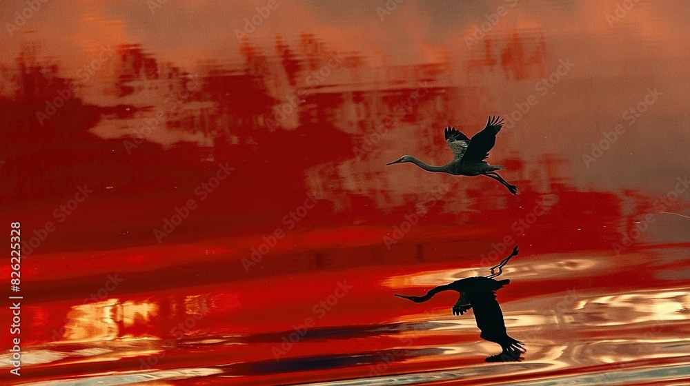 Naklejka premium Two birds soaring above a tranquil body of water against a fiery orange sky backdrop, with towering trees lining the horizon