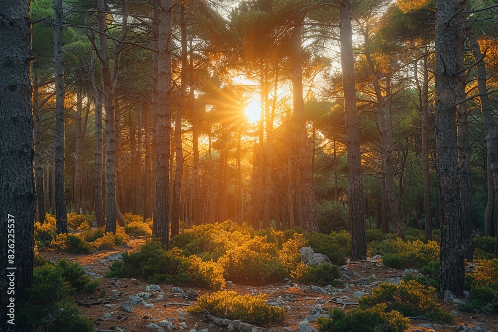 Fototapeta premium Sunlight streams through pine trees and highlights the underbrush in a serene forest setting