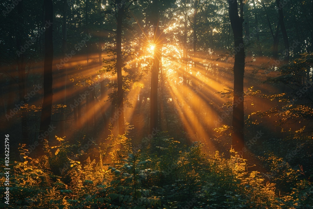 Fototapeta premium A serene forest scene with sunbeams breaking through the mist and illuminating the lush greenery