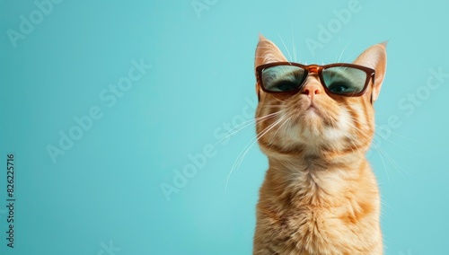 Stylish tabby cat wearing sunglasses against vibrant blue background for travel and fashion concept