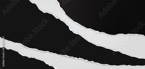 Black paper strips with torn edges and soft shadow are on white background for text or ad.