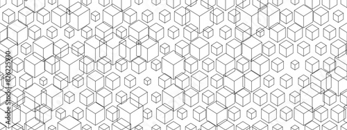 Abstract seamless pattern of black frames of cubes of different sizes on a white background. Monochrome vector bg