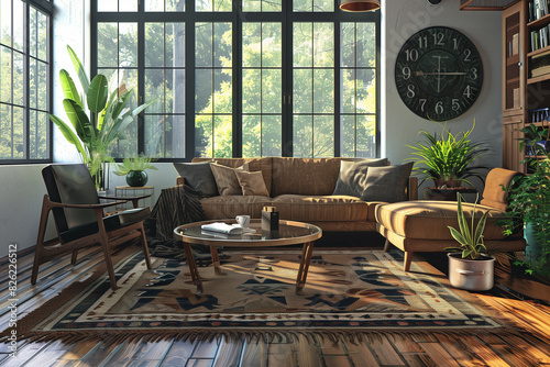 In a spacious, well-lit modern living room, a sleek, charcoal brown sofa takes center stage, its clean lines and plush cushions inviting relaxation.