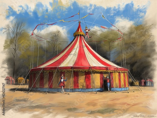 A circus tent with a red and white striped top. A woman is standing in front of the tent