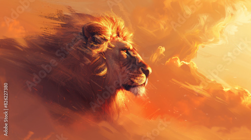 A majestic lion with a flowing mane gazes into the distance under a vibrant, fiery sky, embodying strength and nobility in the wild.