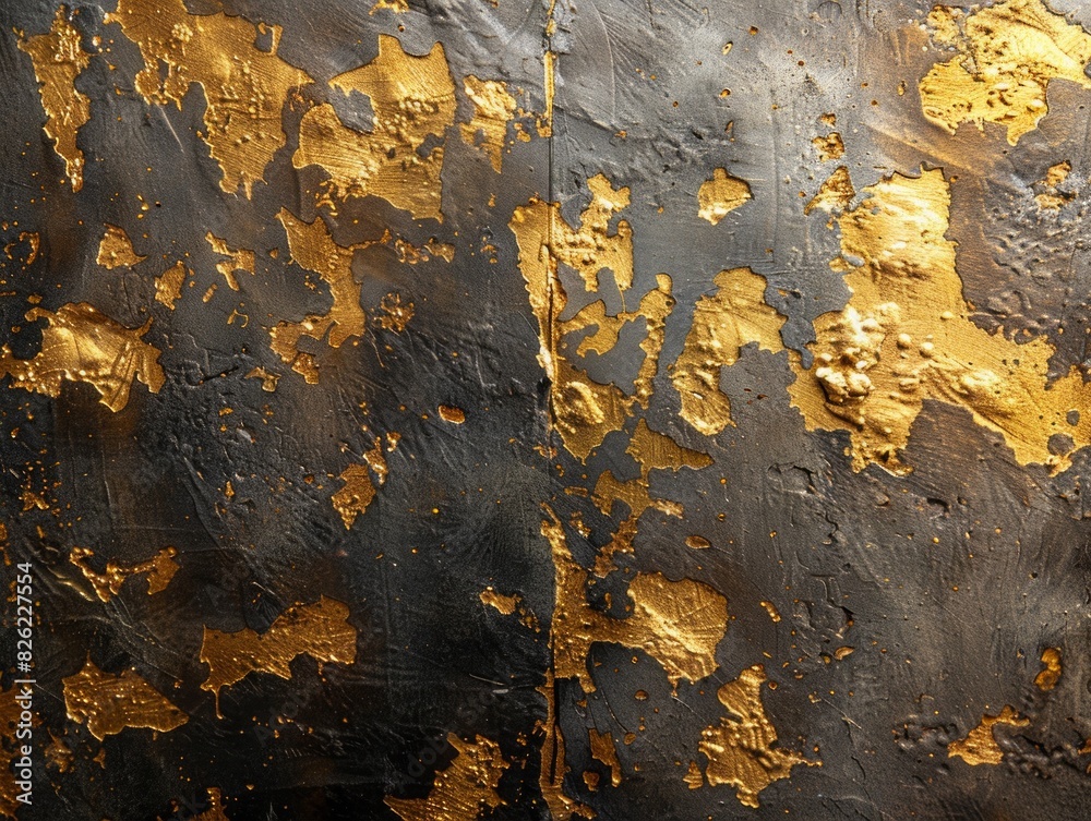 A close-up of a metal surface adorned with shimmering gold paint, creating a striking contrast and depth on the black wall background. A close-up of a metal surface adorned with shimmering gold paint, creating a striking contrast and depth on the black wall background.