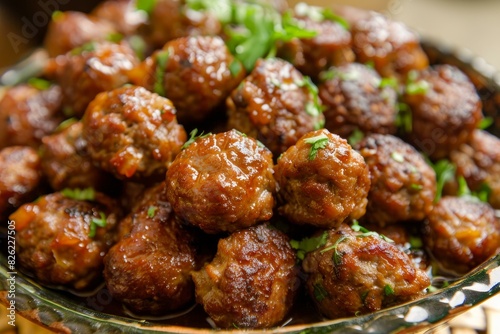 Closeup of delicious glazed meatballs sprinkled with fresh parsley in a serving dish