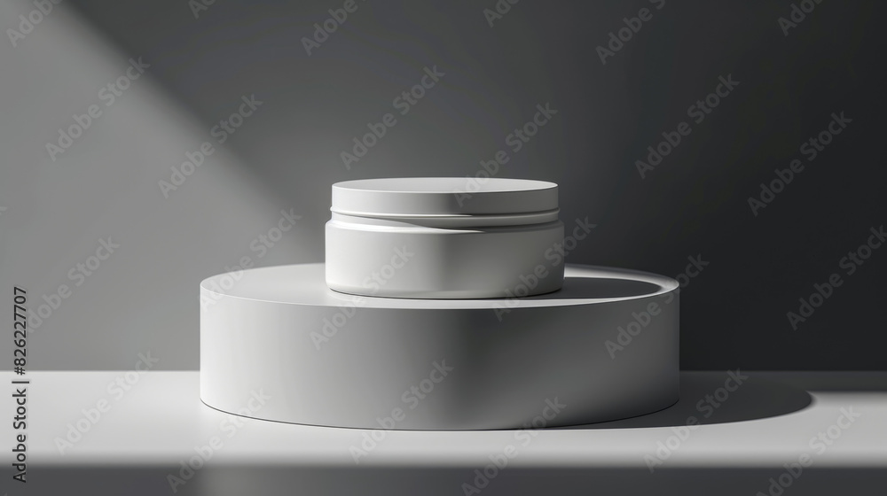 A white pedestal with two white containers on top of it A white pedestal with two white containers on top of it