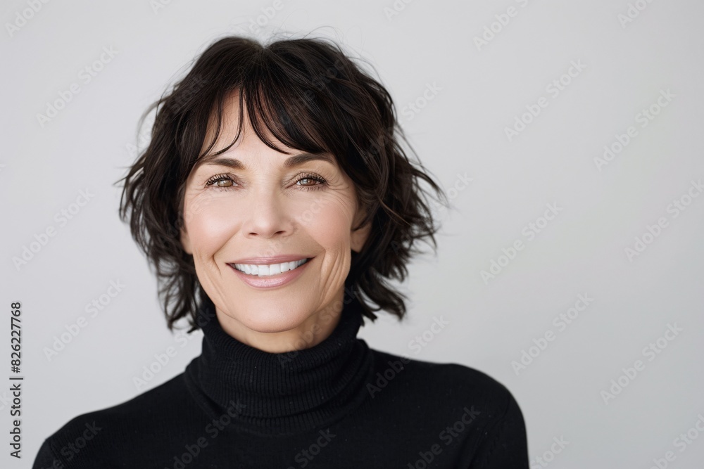 The woman is looking directly at the camera, exuding confidence and warmth The woman is looking directly at the camera, exuding confidence and warmth