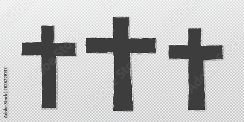 Paper cut, torn black Christian crosses are on squared background.