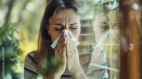A female sneeze with tissue due to allergy reaction