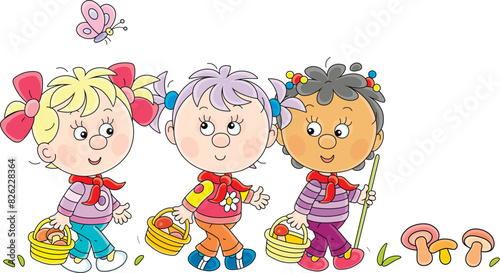 Funny little girls mushroomers walking with baskets and gathering mushrooms in a forest on a summer vacation, vector cartoon illustration on a white background