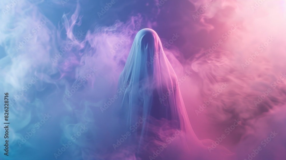 Ghostly figure emerging from pink and blue mist in spooky and mysterious atmosphere for halloween concept Ghostly figure emerging from pink and blue mist in spooky and mysterious atmosphere for halloween concept