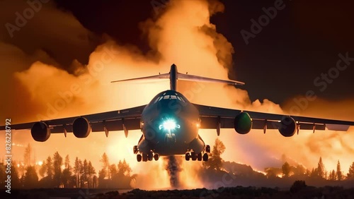 A large firefighting aircraft releases fire retardant on forest fire at low altitude. Concept Firefighting, Forest Fire, Aircraft, Fire Retardant, Emergency Action photo