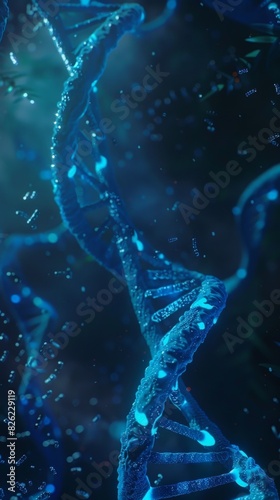 A blue DNA strand with a glowing effect
