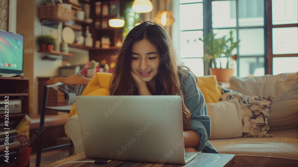 Beautiful Authentic Latina Female Sitting on a Sofa in a Cozy Living Room and Using Laptop Computer at Home. Happy Freelancer Female Browsing Internet and Social Networks. Beautiful Authentic Latina Female Sitting on a Sofa in a Cozy Living Room and Using Laptop Computer at Home. Happy Freelancer Female Browsing Internet and Social Networks.