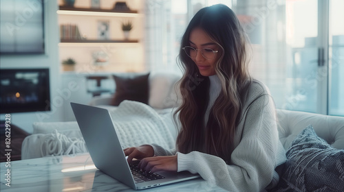 Beautiful Authentic Latina Female Sitting on a Sofa in a Cozy Living Room and Using Laptop Computer at Home. Happy Freelancer Female Browsing Internet and Social Networks.