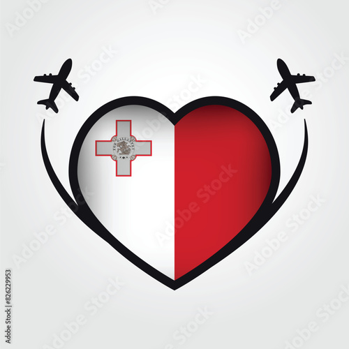 Malta Travel Heart Flag With Airplane Icons