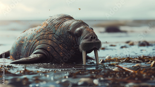 The walrus, covered with oil, lies on the seashore. The concept of saving wild Mmorean animals from an oil spill in the ocean