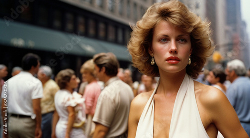 Portrait of the beautiful young woman on the street, 70s era fashion style. © triocean