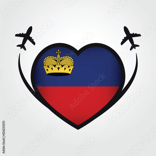 Liechtenstein Travel Heart Flag With Airplane Icons