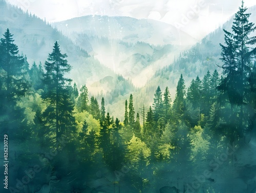 Misty Evergreen Forest in Rugged Mountain Valley Landscape