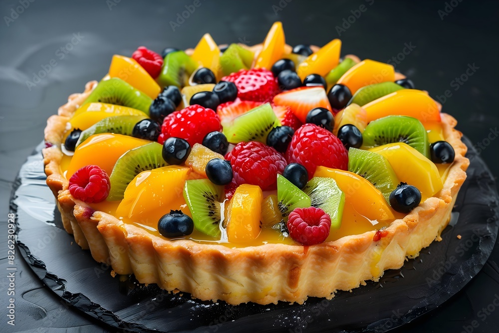 Fresh summer fruit tart in a short crust pastry base. Strawberries, raspberries, kiwis, grapes and peaches. Food photography. Fresh summer fruit tart in a short crust pastry base. Strawberries, raspberries, kiwis, grapes and peaches. Food photography.