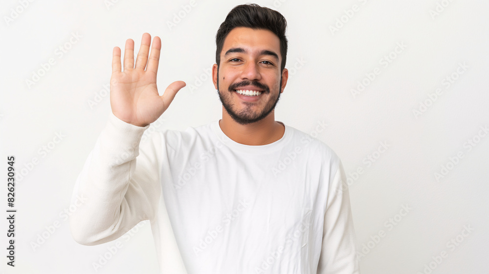 Hispanic Man in White Sweater Waving Hand with a Smile on White Background Hispanic Man in White Sweater Waving Hand with a Smile on White Background