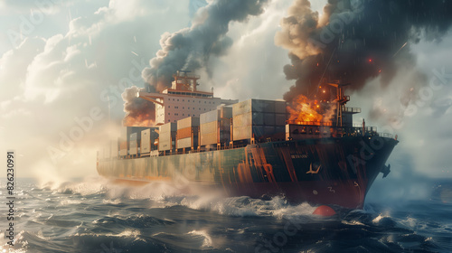 A large cargo ship is burning in the ocean. The fire is very large and spreads quickly. The sky is overcast, and the water is restless