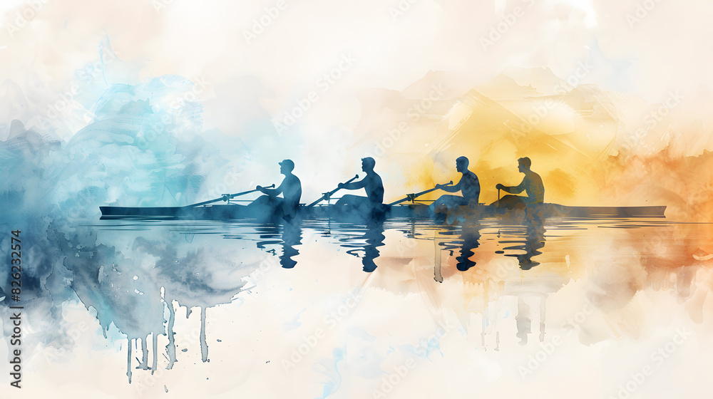 Fototapeta Four man are canoeing watercolour ilustration