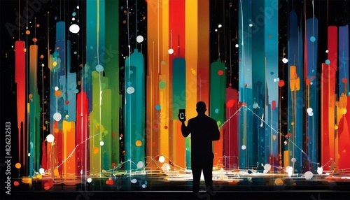 A silhouette of a businessman analyzing growth charts in a vividly colored abstract setting with dynamic light beams and circles.. AI Generation
