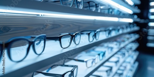 shelves with different glasses in an optics store. sale of glasses, vision correction photo