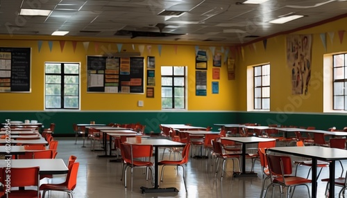 A spacious and empty school cafeteria with red and white chairs, yellow and green walls, and informative posters under natural light.. AI Generation