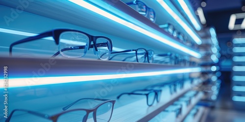 shelves with different glasses in an optics store. sale of glasses, vision correction