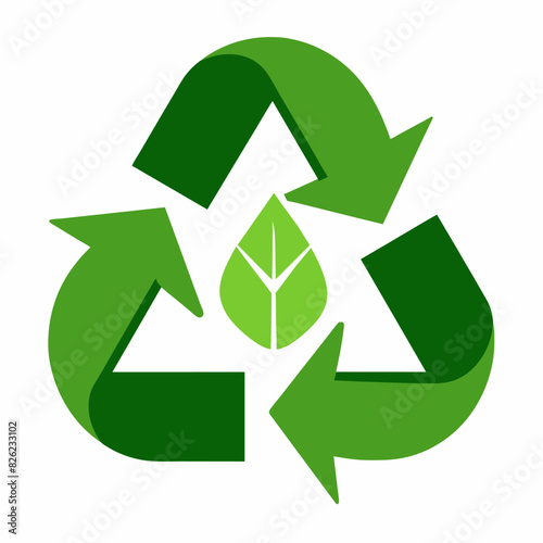 Green recycling symbol with arrows and leaf in middle