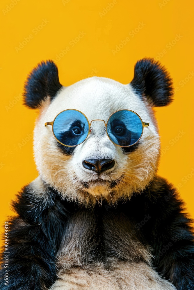 Cute funny animal panda in glasses on bright background, optics, funny poster, vision correction Cute funny animal panda in glasses on bright background, optics, funny poster, vision correction